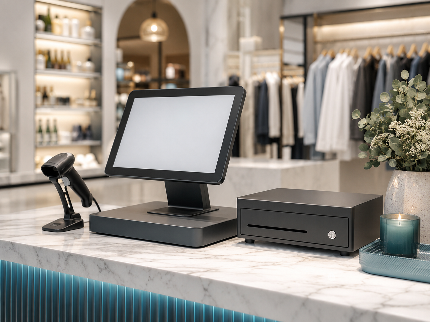 Caisse enregistreuse tactile sur le comptoir d'une boutique